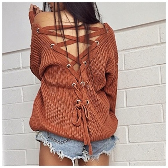 MarieBella Sweaters - Mariah Open Back Lace Up Chunky Knit Sweater